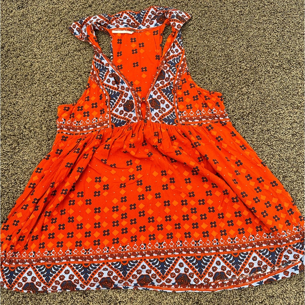 Free People Orange Blue Boho Racerback Tunic Tank Top Collared Floral Sz Small